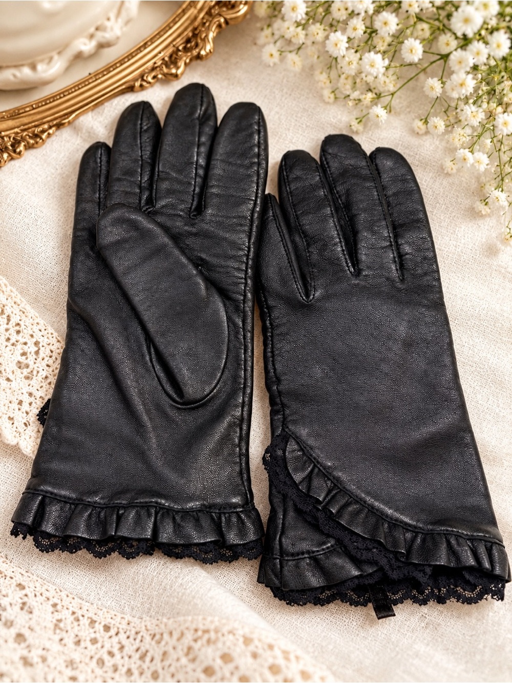 Black Genuine Leather Gloves with Lace & Ruffle Cuffs